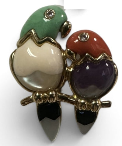 Vintage 14k Gemstone Brooch Love Birds Asch Grossbardt - Image 1