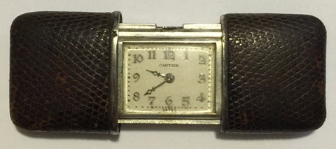 Cartier Ermeto Silver and Lizard Miniature Clock/Watch