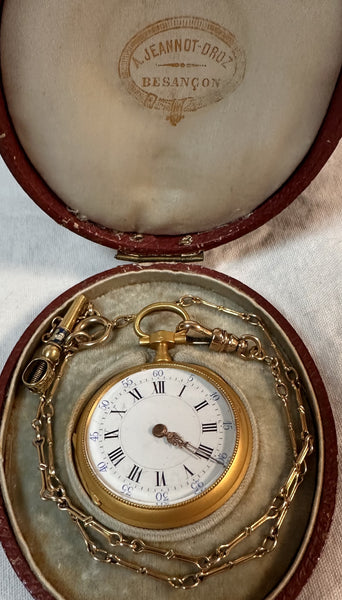 18k Jeannot Droz Pocket Watch in Fitted Case with Chain and Winder Fob Circa 1870s ***